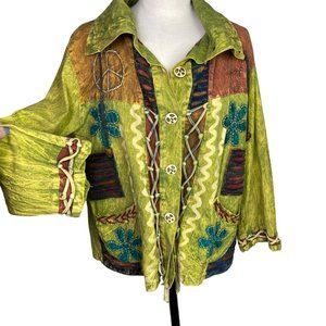 Cottonseed Wear peace floral quilted colorful cardigan jacket statement green L